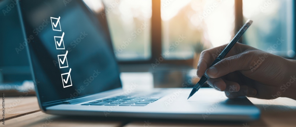 Aufkleber the laptop displaying a checklist while a hand writes with a pen.