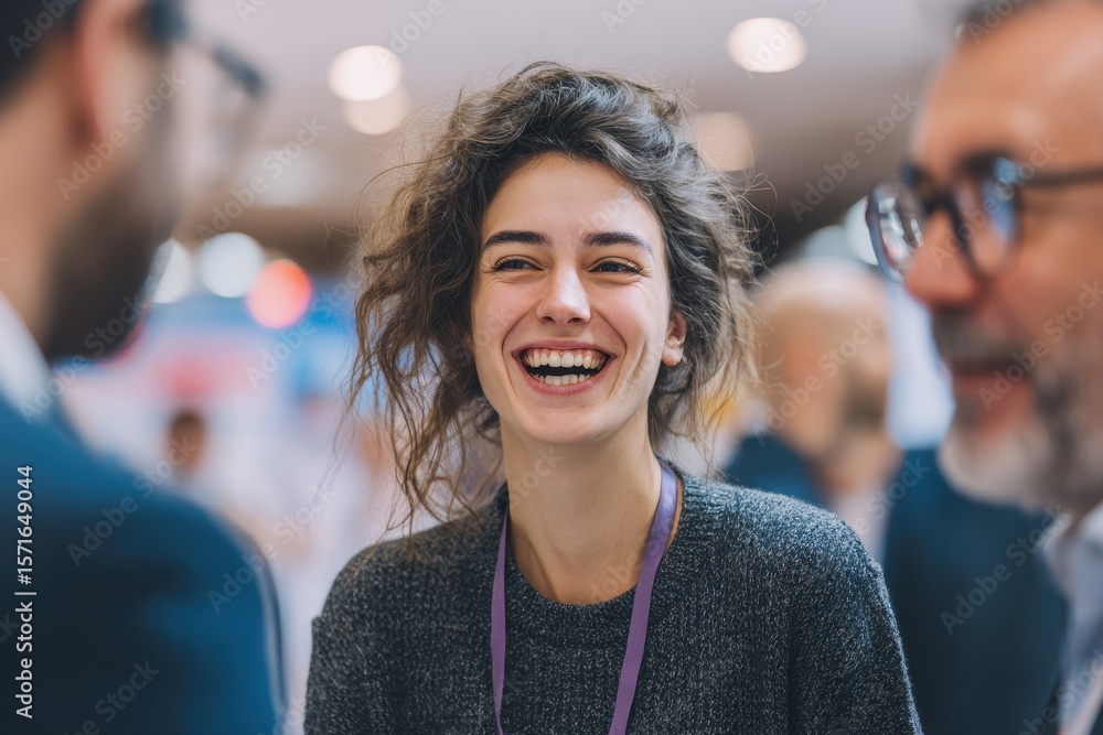 Poster woman in sweater laughing joyfully during a lively conversation at a networking event in a bright in
