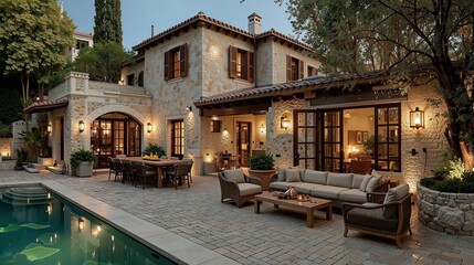 exterior design of an old stone house in mallorca, traditional mediterranean style with modern furniture and lighting, garden terrace