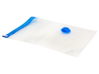 Empty clear plastic vacuum storage bag with blue seal and valve isolated on transparent background