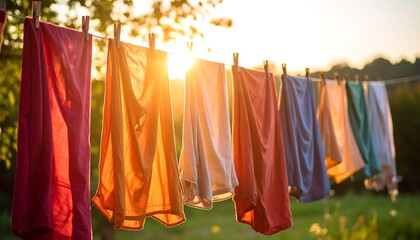 Colorful clothes on a clothesline with sun shining behind them