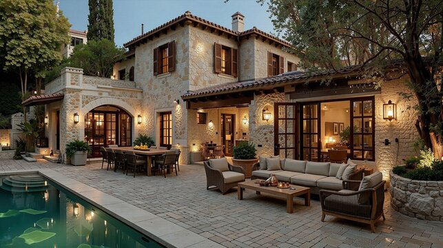 exterior design of an old stone house in mallorca, traditional mediterranean style with modern furniture and lighting, garden terrace