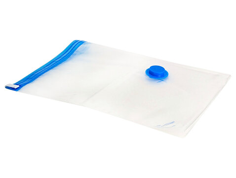 Empty clear plastic vacuum storage bag with blue seal and valve isolated on transparent background