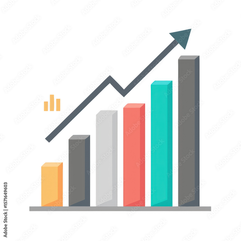 Poster growing bar chart with upward trend arrow isolated on transparent background