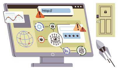 Computer screen with security alerts, warning symbols, malware icons, login field, globe, graphs, and locked door. Ideal for cybersecurity, tech safety internet threats data protection online