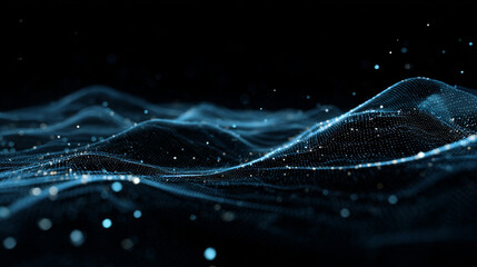 Image of horizontal lines of blue particles and undulating 3d landscape on black background. Communication technology, abstract digital interface background concept digitally generated image.