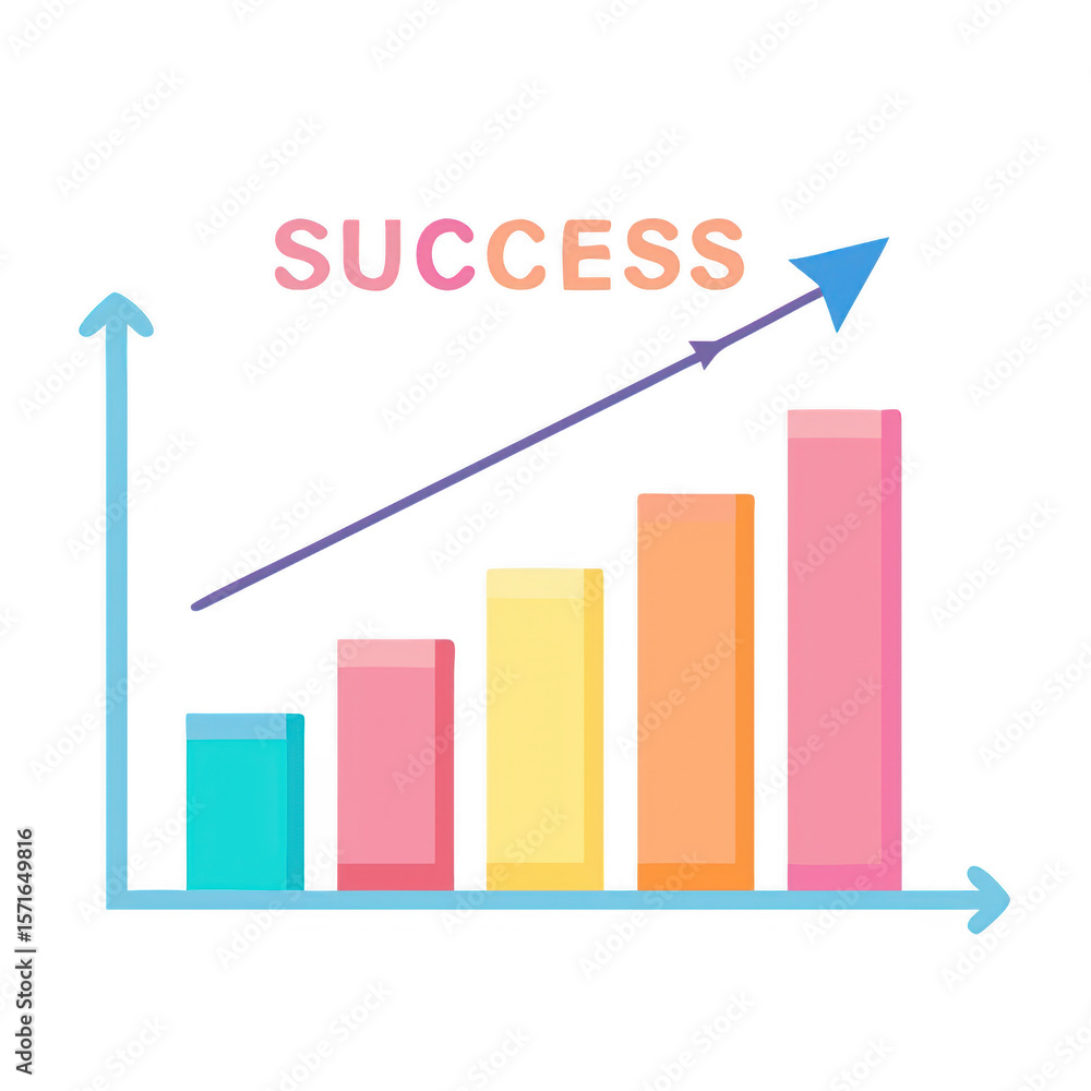Poster growing bar chart with upward arrow and success text isolated on transparent background