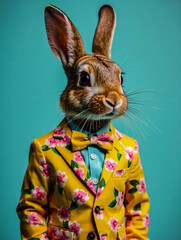 Stylish anthropomorphic rabbit in floral suit easter fashion animal portrait art print wall decor