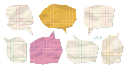Crumpled paper stickers with speech bubbles shape set. Comic retro cartoon elements made from color torn paper. Pop art style. Vintage icons with wrinkled paper texture, jagged edges. Vector design