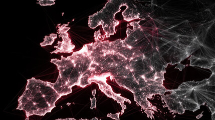 dynamic digital world map emphasize Western Europe continental  for AI powered global network connectivity big data transfer cyber technology network information exchange and telecommunication conc
