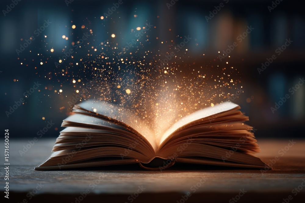 Poster ethereal glow emanates from an open book resting on a podium in a tranquil library setting, inviting