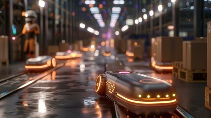 Futuristic automated warehouse where self-driving robots are moving goods on conveyor belts for logistics.