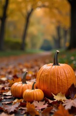 Pumpkins resting on colorful autumn leaves in park