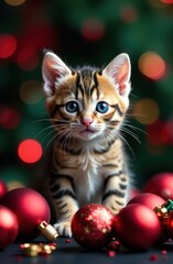Cute kitten sitting near christmas ornaments with christmas tree in background