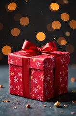 Red christmas gift box with ribbon and bokeh lights background