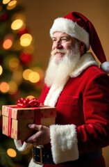 Santa claus holding christmas gift near decorated tree