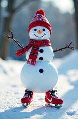 Snowman wearing ice skates, red woolen hat and scarf is enjoying winter holidays