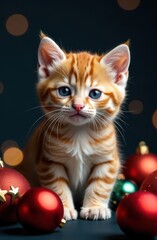 Ginger kitten posing with christmas ornaments on blue background