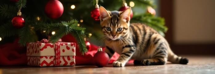 Bengal kitten playing with christmas ornaments under decorated tree