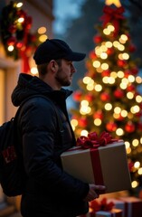 Delivery man carrying christmas gift near decorated tree