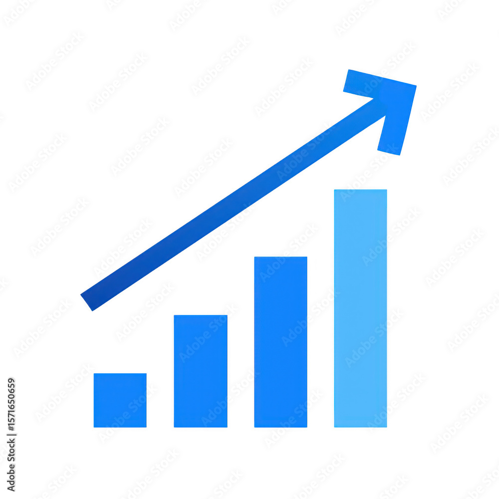 Poster blue bar graph with upward arrow isolated on transparent background