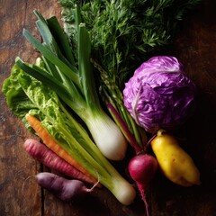 Overhead shot of a colorful assortment of fresh, organic vegetables on a rustic wooden table. Healthy eating, farm to table. Food photography.