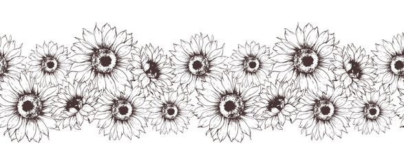 Seamless Sunflower Garland. Seamless Horizontal Sunflowers Background. Sunflower Line Art Drawing. Seamless Flower Design. Botanical garland seamless. Border Frame