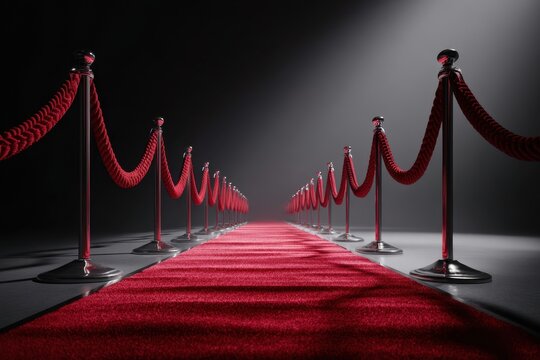 Long red carpet lined with rope barriers invites guests to a glamorous event in a spotlight ambiance
