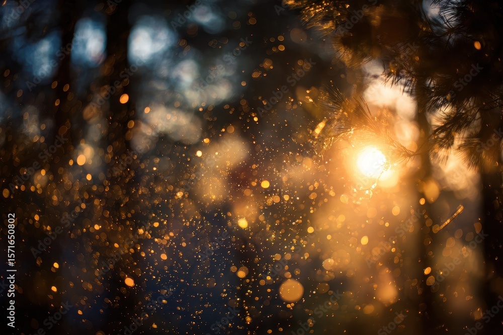 Poster light bursts through trees creating a magical atmosphere in a forest during golden hour with sparkli