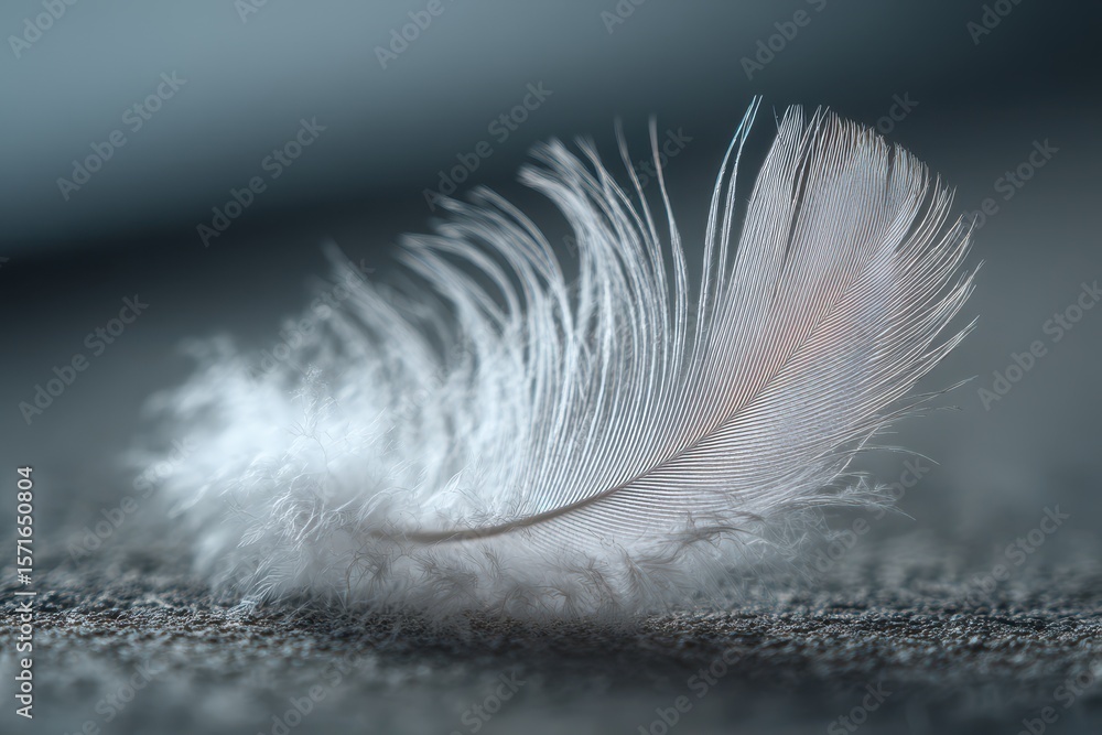 Poster close up of a delicate white feather resting softly on a textured gray background capturing intricat