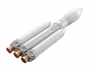 A sleek white rocket with bronze engines stands poised for launch against a stark black backdrop, embodying space exploration.