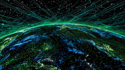 Digital technology poster cover speed connect blue green background, cyber information, abstract communication, innovation future tech data, internet network connection, Ai big data blend illustration