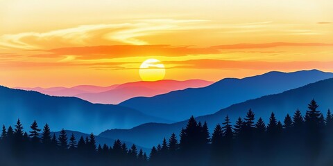 Obraz premium Mid-century modern watercolor mountain landscape; sunset hues, abstract hills, forest silhouettes, art, hills