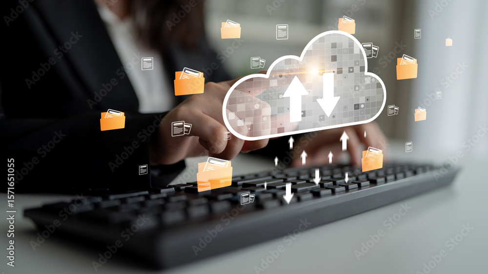 Poster cloud computing enables digital growth with secure data storage, scalable infrastructure, and strate