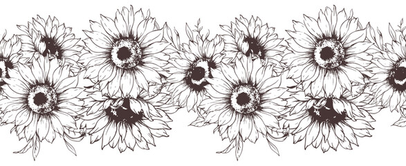 Seamless Sunflower Garland. Seamless Horizontal Sunflowers Background. Sunflower Line Art Drawing. Seamless Flower Design. Botanical garland seamless. Border Frame