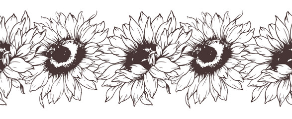 Seamless Sunflower Garland. Seamless Horizontal Sunflowers Background. Sunflower Line Art Drawing. Seamless Flower Design. Botanical garland seamless. Border Frame