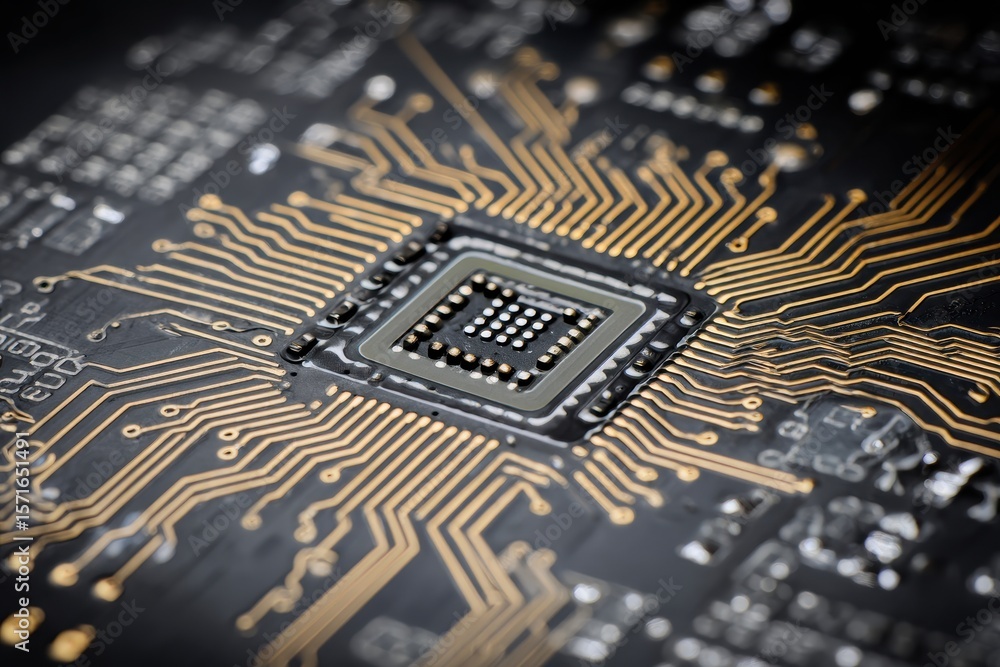 Poster detailed view of a semiconductor chip with intricate circuit patterns showcasing advanced technology