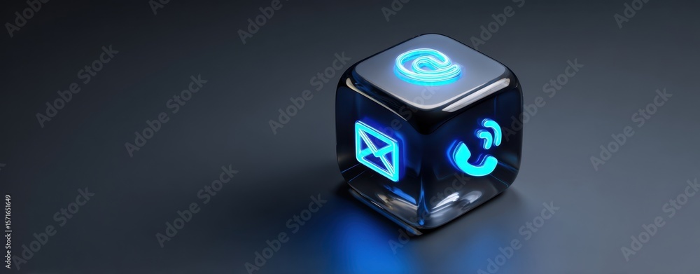 Poster the illuminated communication icons represented on a transparent digital cube.