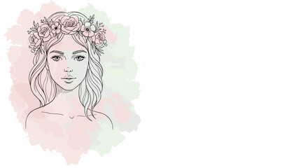 Young woman with flowers in hair illustrated in soft pastel colors  