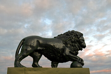 Bronze lion on banks of Neva River at dawn. St Petersburg, Russia