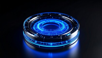 Circular, metallic, futuristic display with blue light