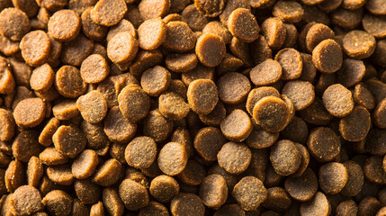 Dry pet food pellets close-up. Nutritional kibble for cats or dogs.