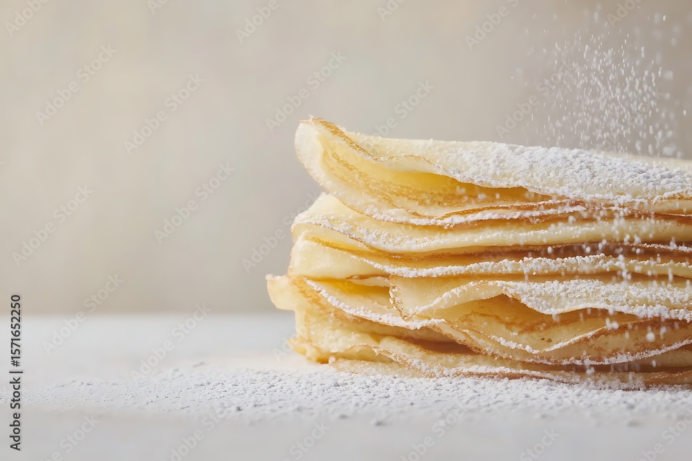 Poster light crepes folded neatly with powdered sugar dusting, positioned on a plain pale backdrop