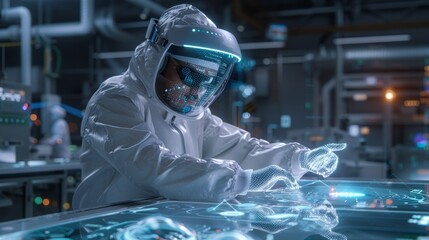 Cutting-Edge Researcher in Futuristic Lab, Utilizing Holographic Interface with Advanced Tech and Protective Gear