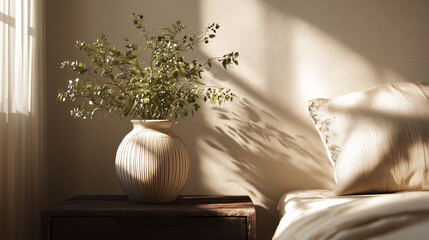  "Close-up detail of Scandinavian bedside decor with a ceramic vase and greenery, styled with warm natural light for a peaceful and minimalist feel."