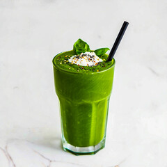 Delicious green smoothie recipe healthy breakfast drink with fresh basil and black straw isolated