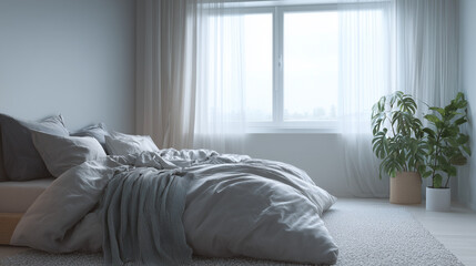 Spacious airy Scandinavian bedroom with a cozy bed, wooden floor, and large window letting in beautiful daylight — a calm and inviting modern space.