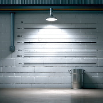 Empty police mug shot background with height chart, white brick wall, metal bucket, industrial lamp, and dramatic lighting create tense atmosphere