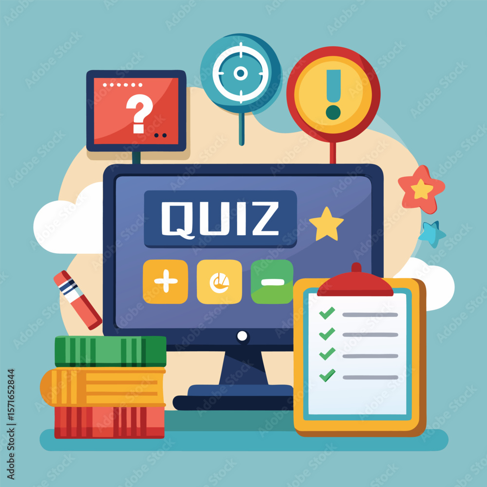 Poster educational quiz concept with computer screen checklist and learning elements illustration