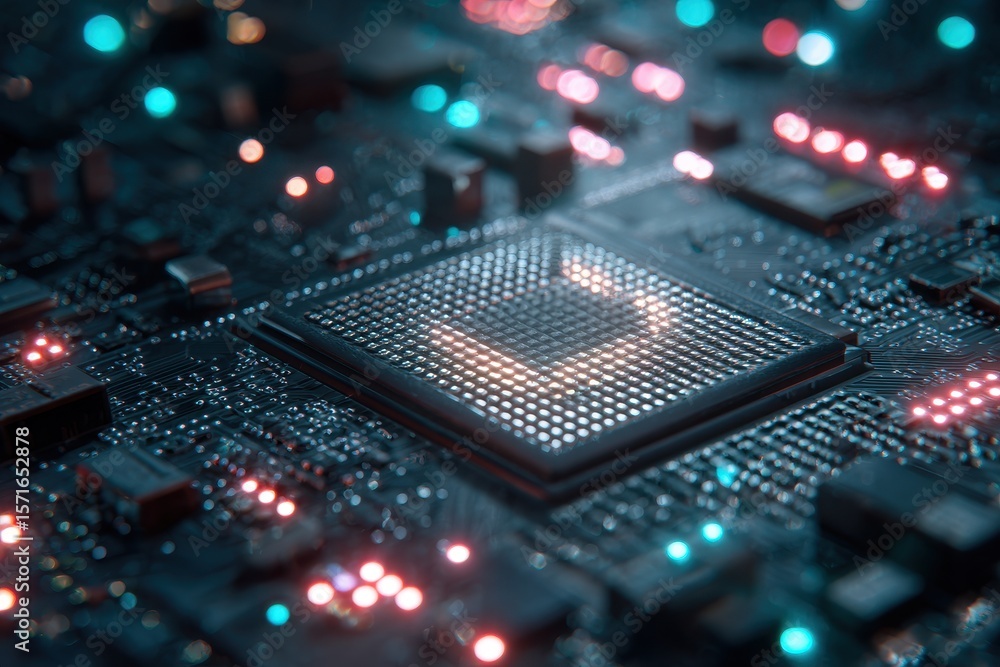 Poster macro view highlighting the intricate details and vibrant lights of a processor on a circuit board d